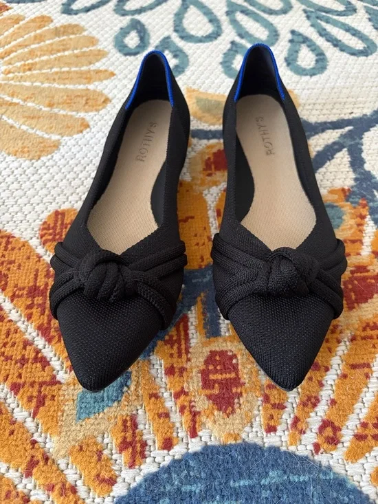 Rothy's Black Pointed Knit Bow Flats with Blue Trim size 10 - Picture 2 of 3